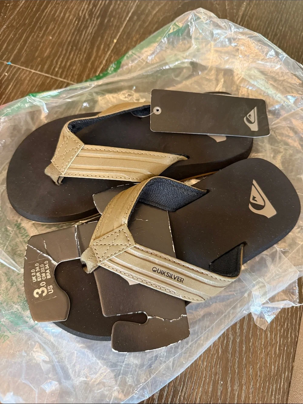 Quiksilver Kids Boys Black Footbed Flip Flops Sandals New Taupe Size 3